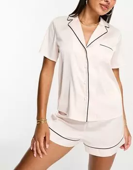 Розовый атласный комплект из рубашки с короткими рукавами и короткой пижамы ASOS DESIGN