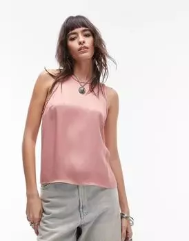 Розовый атласный топ на бретельках с необработанным подолом Topshop
