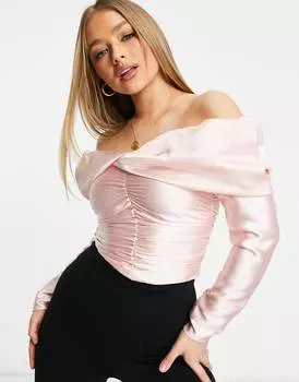 Розовый атласный топ с открытыми плечами и драпировкой ASOS DESIGN