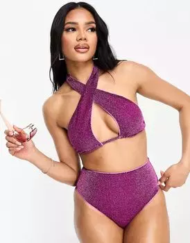 Розовый бикини-топ с воротником-хомутом и блестками ASOS Mix & Match