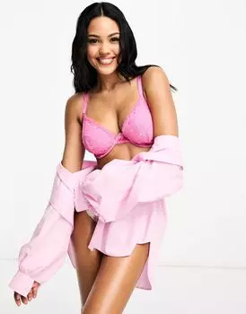 Розовый бюстгальтер с глубоким вырезом и большой чашкой ASOS DESIGN Francine в горошек, вышитый бантами