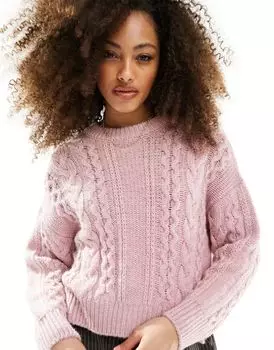 Розовый джемпер с круглым вырезом косой вязки ASOS