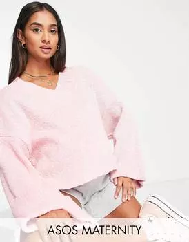 Розовый джемпер с v-образным вырезом и отвернутыми манжетами ASOS DESIGN Maternity Maternity