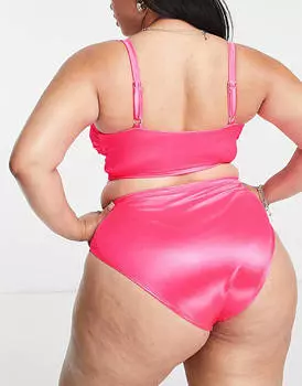 Розовый глянцевый лиф бикини со сборками и перекрестными сборками ASOS DESIGN Curve