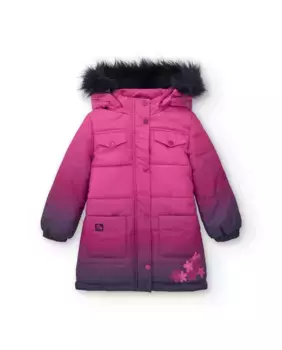 Розовый градиентный пуховик для девочки с меховым капюшоном и рисунком на спине Tuc tuc