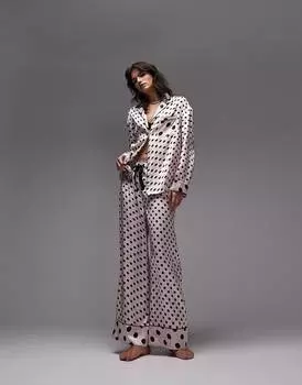 Розовый и черный атласный пижамный комплект из атласной рубашки в горошек и брюк Topshop