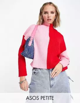 Розовый и красный джемпер с высоким воротником ASOS DESIGN Petite в стиле колор-блок