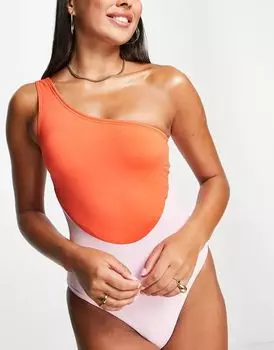 Розовый и красный купальник в стиле колор-блок на одно плечо Vero Moda