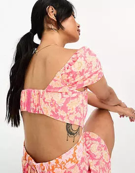 Розовый комбинезон с развевающимися рукавами French Connection с цветочным принтом