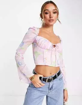 Розовый корсетный топ ASOS с элегантным цветочным принтом и рюшами на плечах