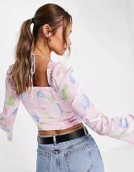 Розовый корсетный топ с рюшами на плече ASOS DESIGN с цветочным принтом