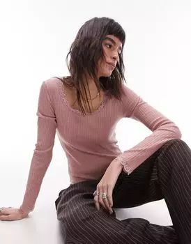 Розовый кружевной топ с длинными рукавами Topshop