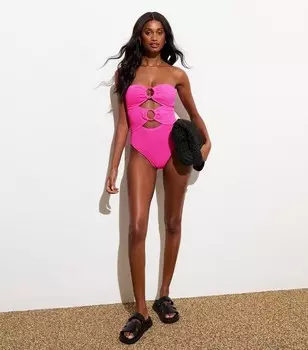 Розовый купальник с мятой текстурой и вырезом New Look, ярко-розовый