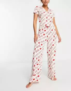 Розовый пижамный комплект из вискозной рубашки и брюк ASOS DESIGN Barbie x Hello Kitty