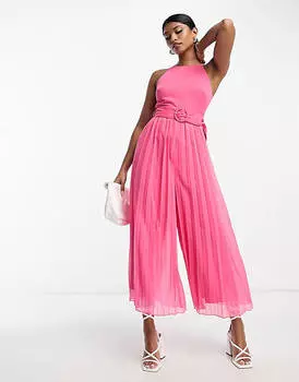 Розовый плиссированный комбинезон с поясом ASOS DESIGN