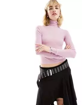 Розовый сетчатый базовый топ с высоким воротником и длинными рукавами ASOS