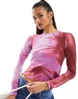 Розовый сетчатый топ с длинными рукавами и принтом ASOS DESIGN