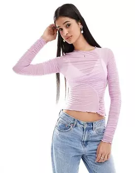 Розовый сетчатый топ со сборками и длинными рукавами ASOS DESIGN