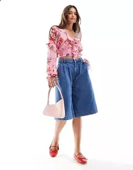 Розовый шифоновый топ Brave Soul 3 с длинными рукавами и рюшами