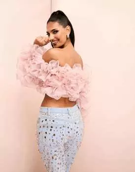 Розовый топ-бандо с открытыми плечами и цветочным принтом ASOS LUXE