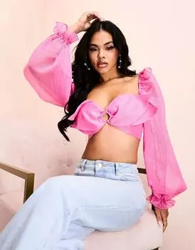 Розовый топ из органзы с вышивкой и кольцом ASOS