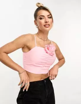 Розовый топ на бретельках с объемным цветочным принтом Stradivarius