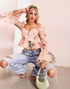 Розовый топ с баской и расклешенными рукавами из органзы ASOS с цветочным принтом