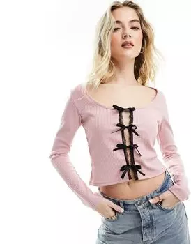 Розовый топ с длинными рукавами Miss Selfridge с кружевной отделкой и бантами