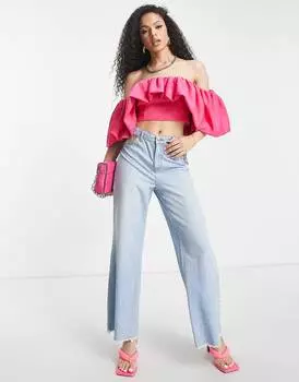 Розовый топ с открытыми плечами и объемными рукавами ASOS DESIGN