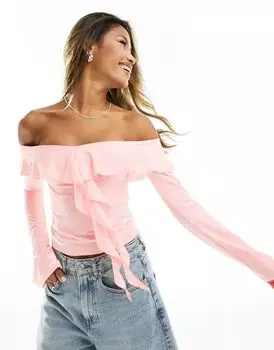 Розовый топ с открытыми плечами и рюшами ASOS
