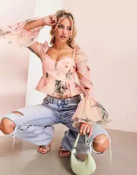 Топ с расклешенными рукавами и баской из органзы ASOS LUXE, розовый