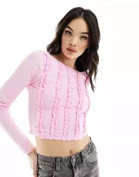 Розовый топ с рюшами и воротником-лодочкой ASOS