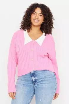 Розовый трикотажный кардиган на пуговицах с воротником в рубчик Trendyol