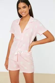 Розовый трикотажный пижамный комплект из 100% хлопка в горошек с рубашкой и шортами Trendyol