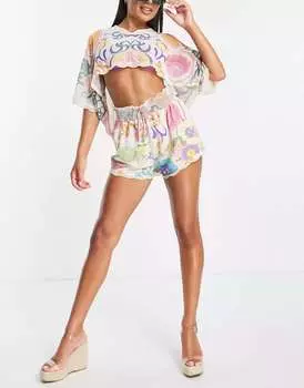 Розовый укороченный пляжный топ-кимоно в тон с вышивкой River Island
