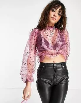 Розовый укороченный топ из флокированной органзы в горошек Topshop