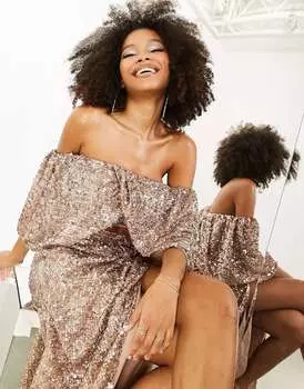 Розовый укороченный топ с открытыми плечами и пайетками ASOS
