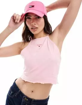 Розовый укороченный топ со сборками и надписью Tommy Jeans
