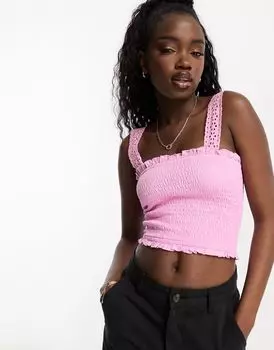 Розовый укороченный топ со сборками и розовыми бретельками ASOS