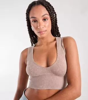 Розовый укороченный топ в рубчик с ванильным камнем Pink Vanilla, светло-серый