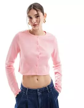 Розовый укороченный вязаный кардиган с круглым вырезом ASOS DESIGN