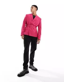 Розовый узкий пиджак с поясом ASOS DESIGN