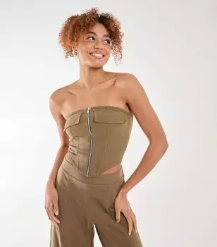 Розовый ванильно-оливковый корсетный топ льняного типа Pink Vanilla, оливковый