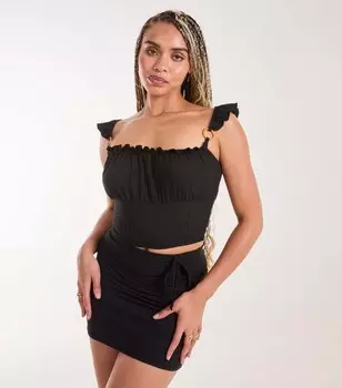 Розовый ванильный черный трикотажный укороченный топ с оборками и ремешками Pink Vanilla, черный