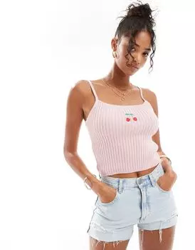 Розовый вязаный топ на бретелях с вышитой вишнёвой деталью ASOS DESIGN