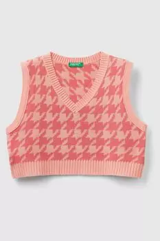Розовый вязаный жилет с v-образным вырезом в ломаную клетку Benetton, розовый