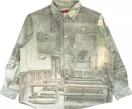 Рубашка 424 Photo Print Denim Button Down Shirt 'Green', зеленый