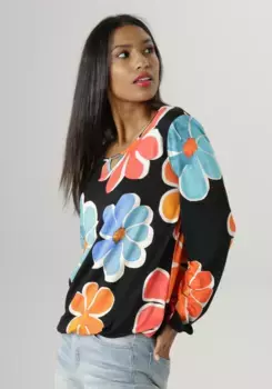 Рубашка Aniston SELECTED с длинными рукавами, вырезом и ярким цветочным принтом, красный