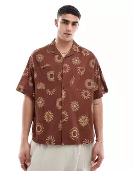 Рубашка Asos Design Boxy Oversized Revere Linen Look With Tobacco Sun Print, коричневый