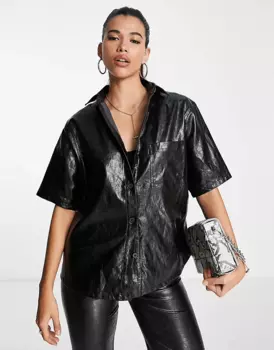 Рубашка Asos Design Crackle Faux Leather, черный
